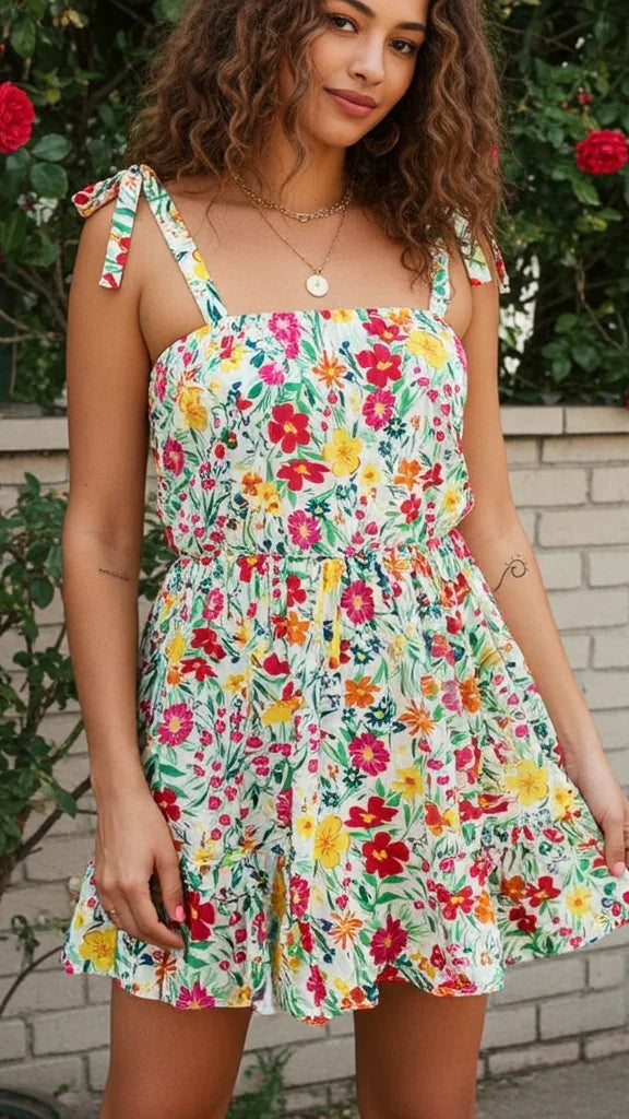 Knotted Tie Strap Ruffle Mini Dress - Kloset 6