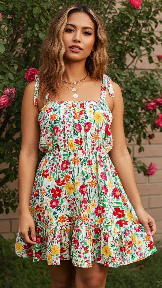 Knotted Tie Strap Ruffle Mini Dress - Kloset 6