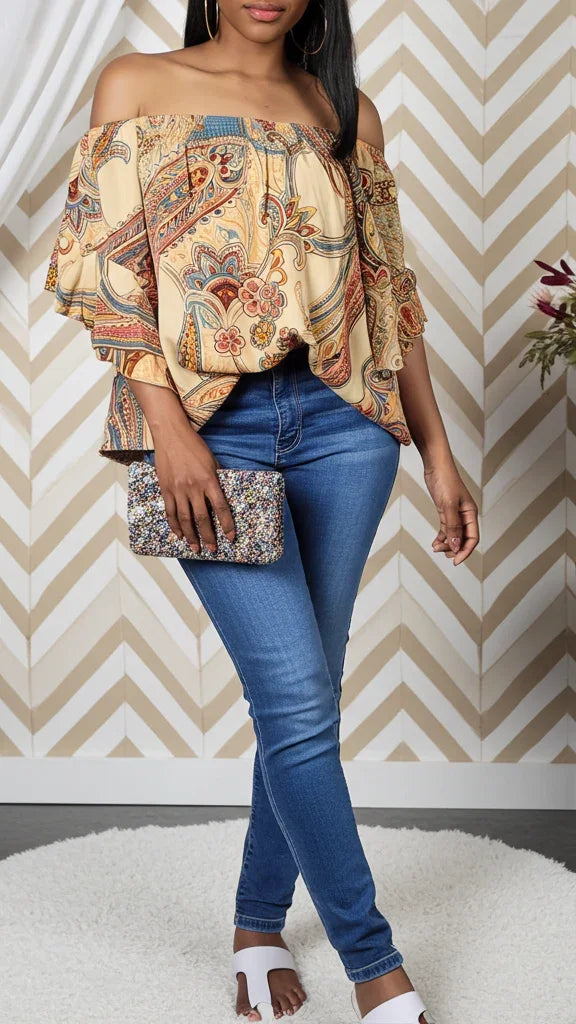 Off Shoulder Floral Ruched Blouse - Kloset 6