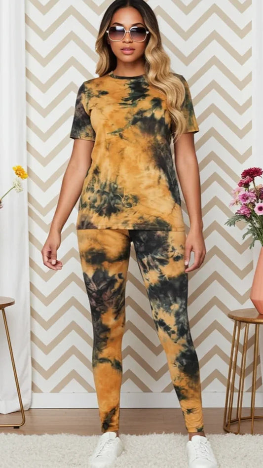 Brown Tie Dye Leggings Two-Piece Set - Kloset 6