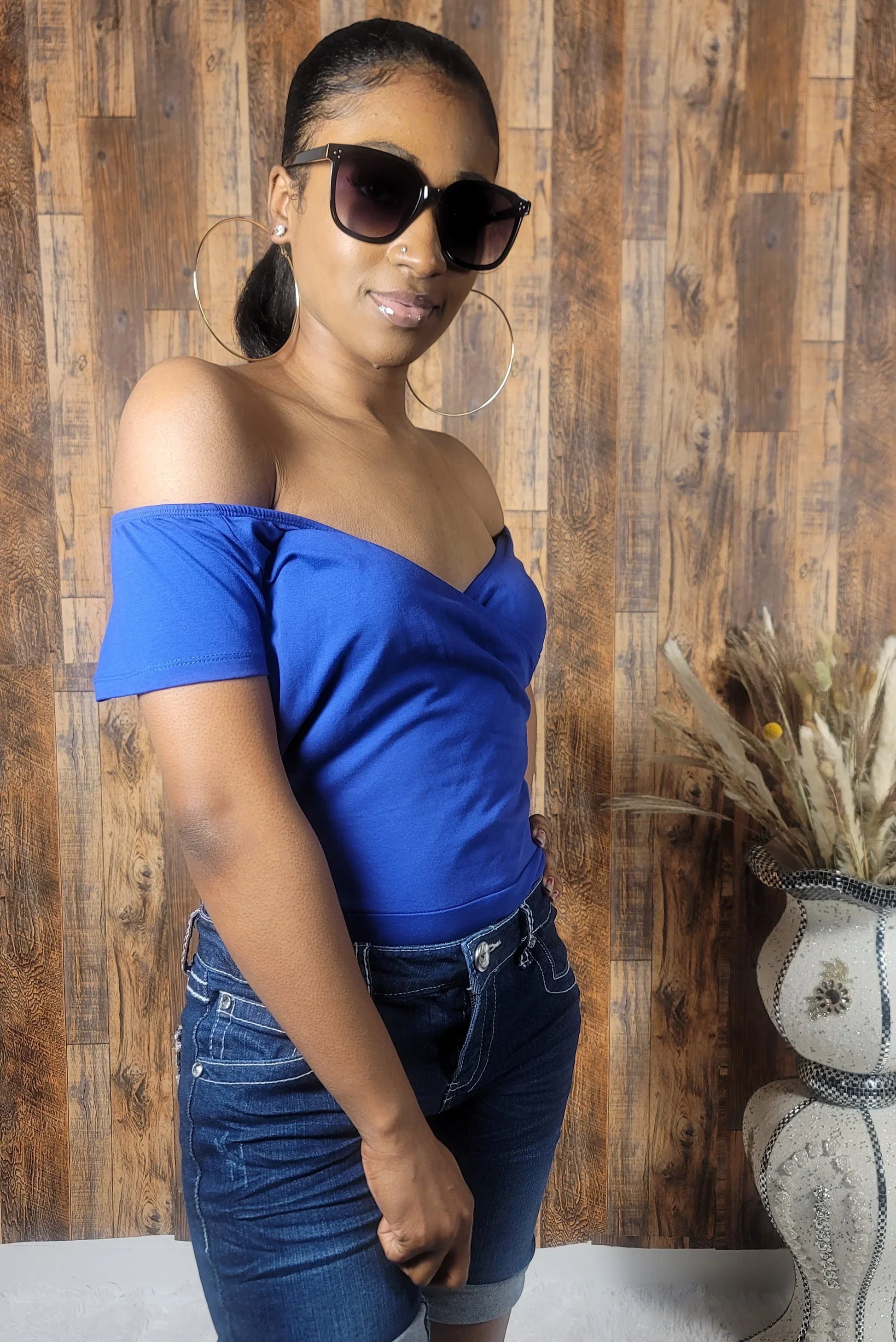 Off Shoulder Criss Cross Front Bodysuit Top - Kloset 6