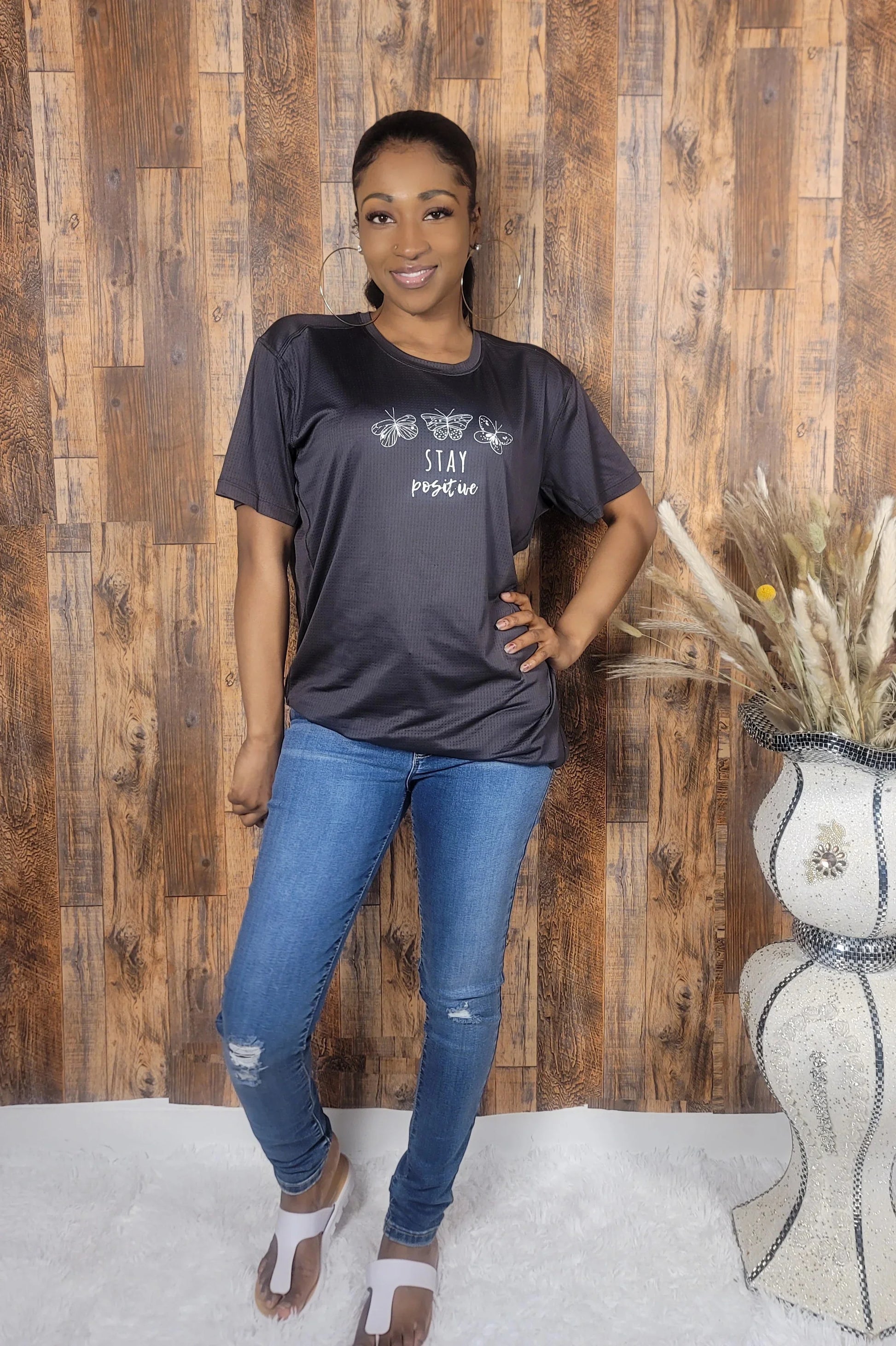 'Stay Positive' Short Sleeve Graphic Top - Kloset 6