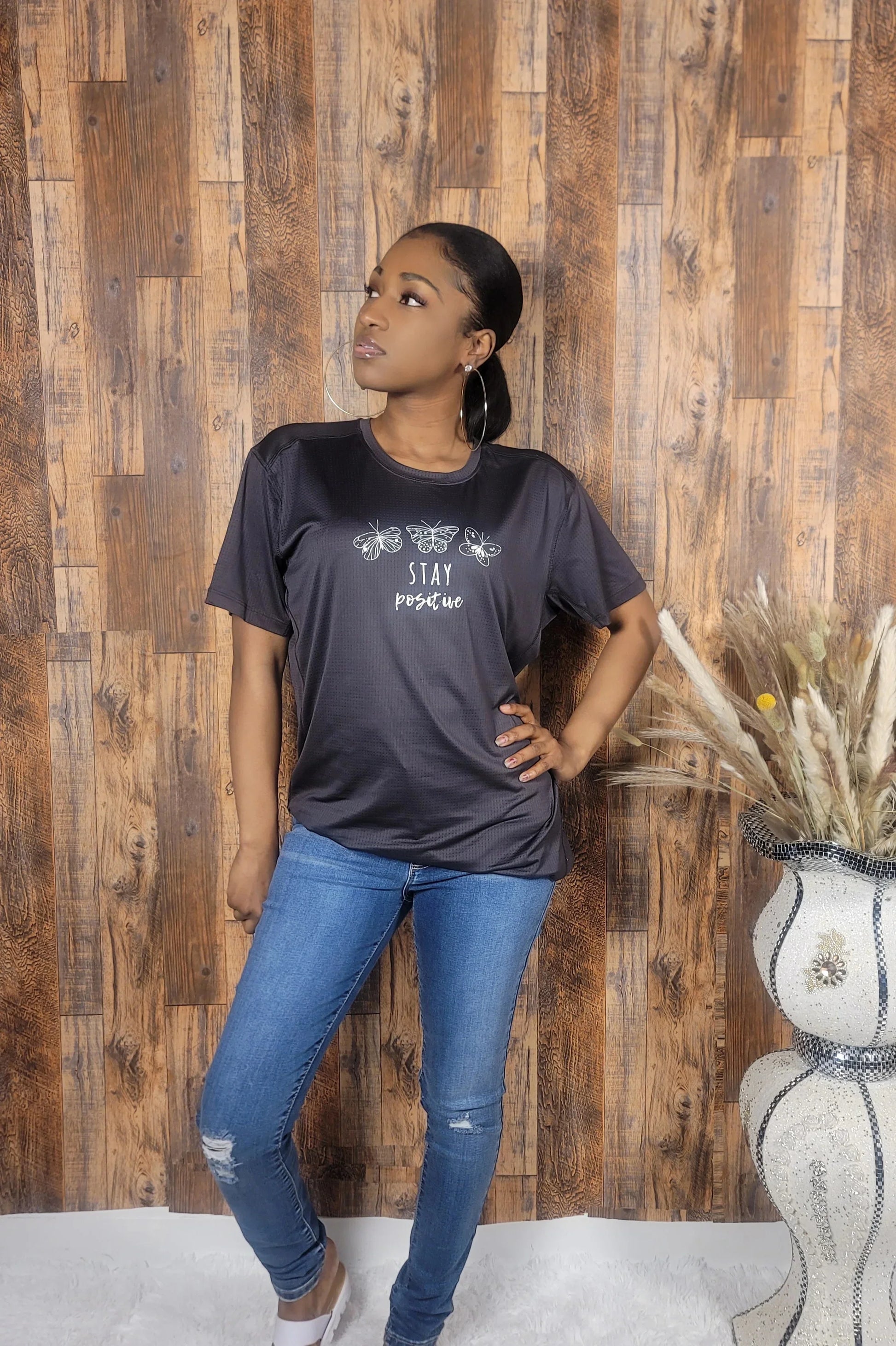 'Stay Positive' Short Sleeve Graphic Top - Kloset 6