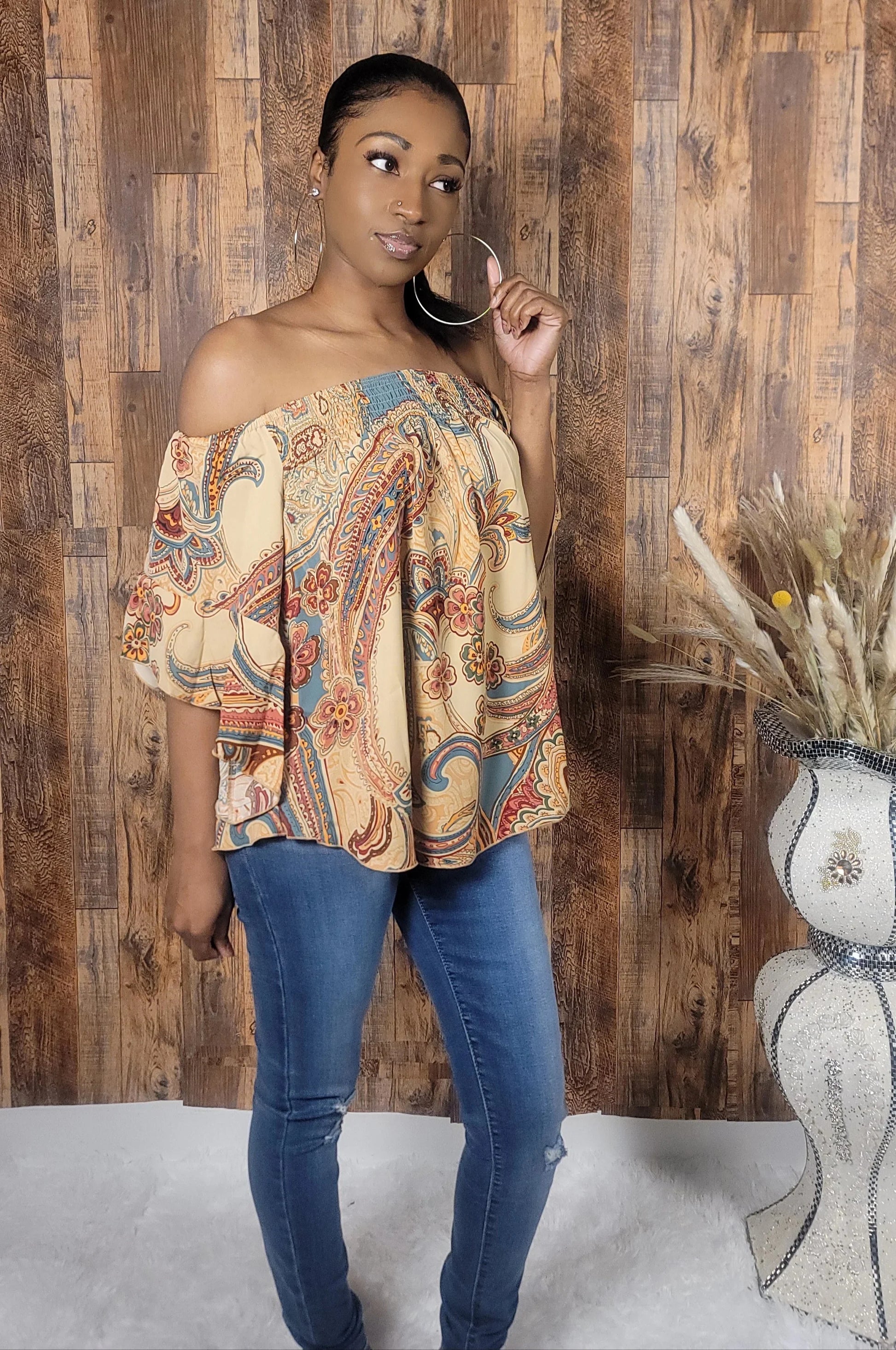 Off Shoulder Floral Ruched Blouse - Kloset 6