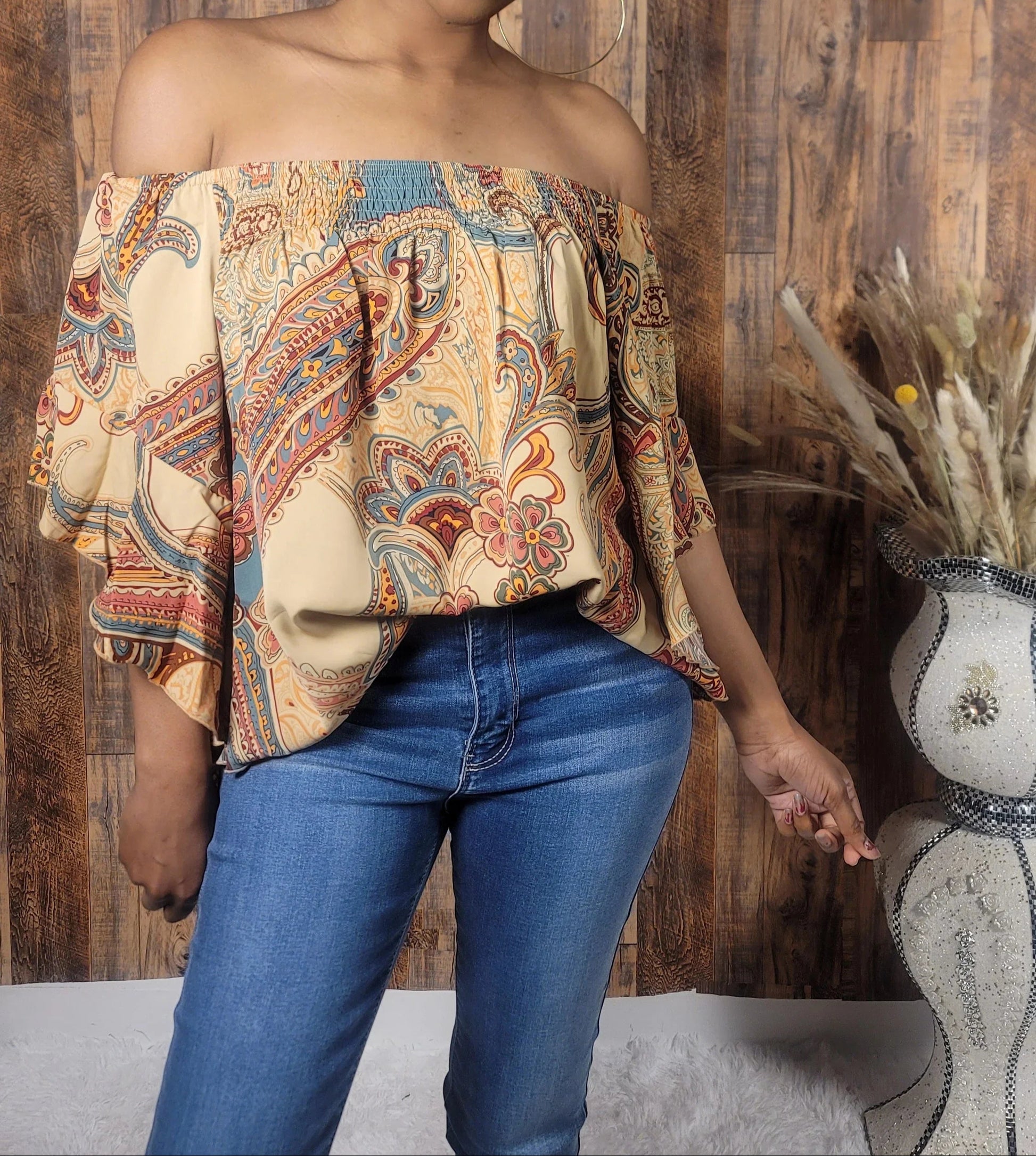 Off Shoulder Floral Ruched Blouse - Kloset 6
