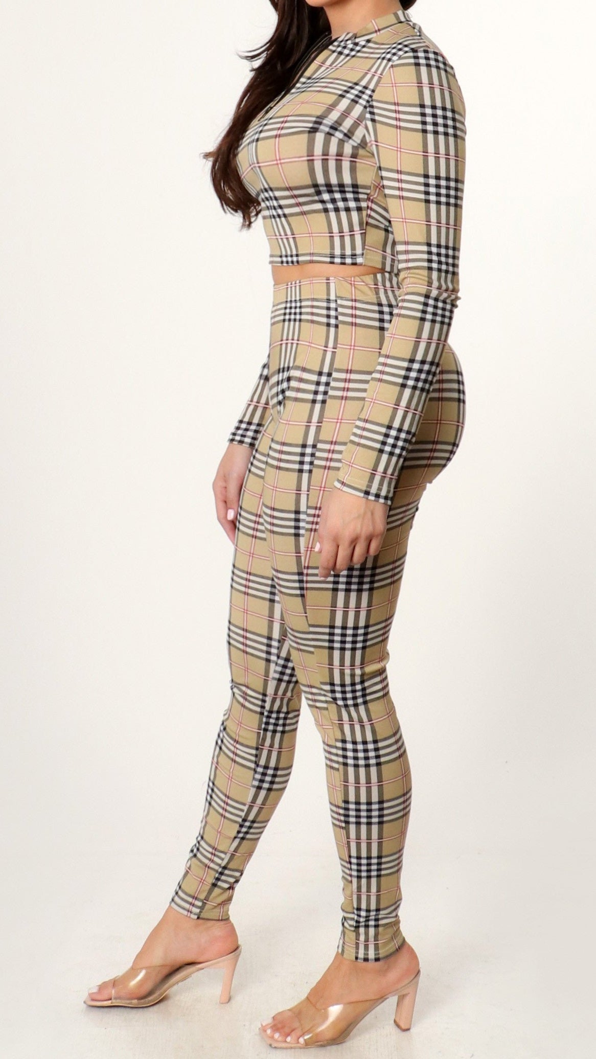 Plaid Design Zip Up Crop Top and Leggings Set
