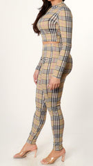 Plaid Design Zip Up Crop Top and Leggings Set