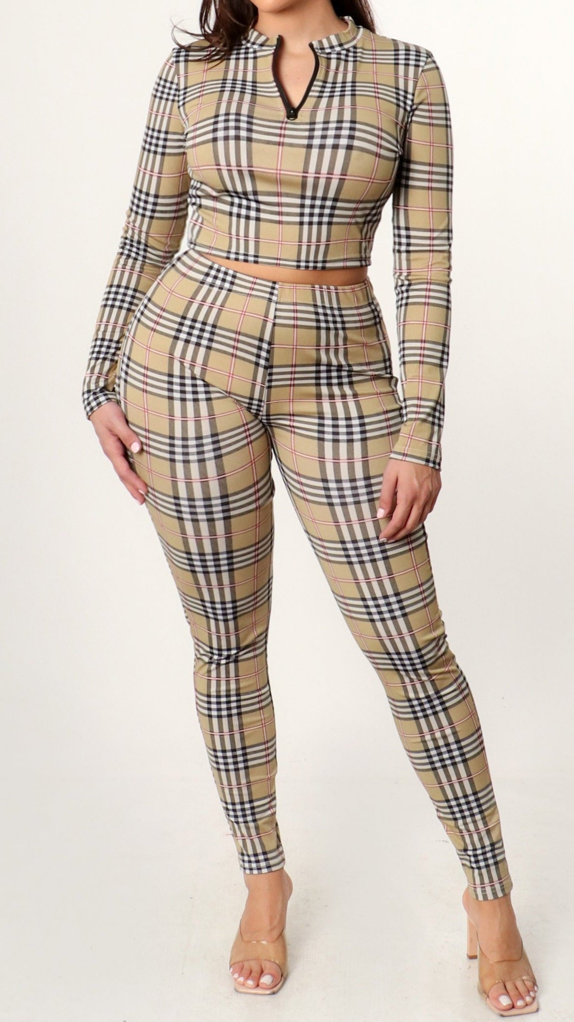 Plaid two-piece outfit on a white background