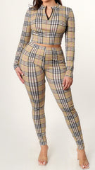 Plaid two-piece outfit on a white background