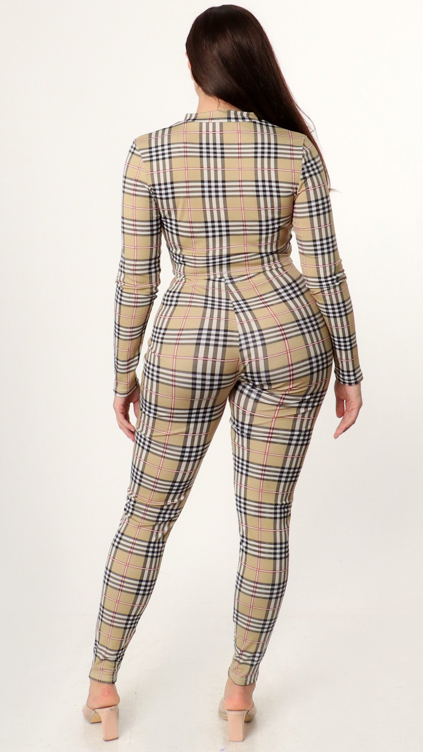 Plaid Design Zip Up Crop Top and Leggings Set