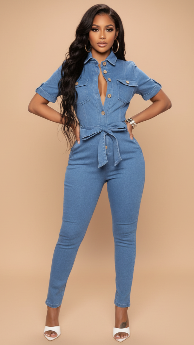 Woman wearing a blue denim jumpsuit on a beige background