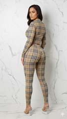 Plaid Design Zip Up Crop Top and Leggings Set