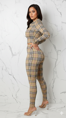 Plaid Design Zip Up Crop Top and Leggings Set