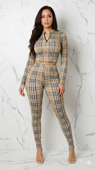 Plaid Design Zip Up Crop Top and Leggings Set