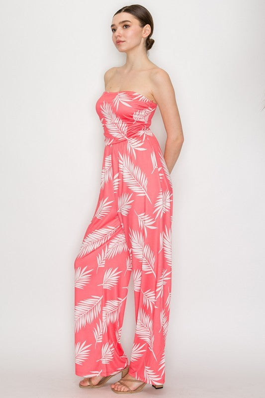 Leaf Printed Tube Top Jumpsuit